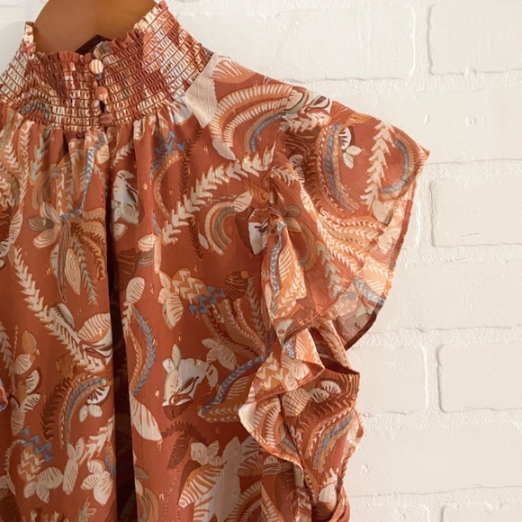 Revolve x Joie Blouse Rust Orange Metallic Floral High Neck Flounce shoulder XS - Picture 11 of 13